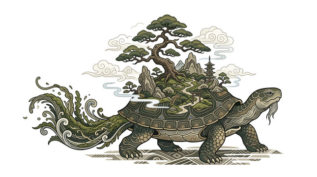 Fantasy illustration of a giant turtle carrying a miniature landscape with a bonsai tree.