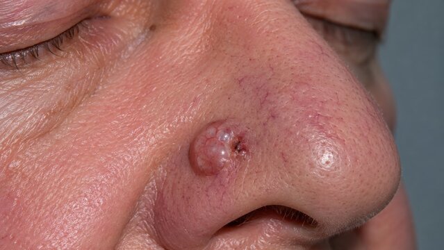 Basal cell carcinoma lesion on human nose