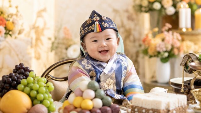 Smiling Korean baby boy in traditional hanbok for first birthday
