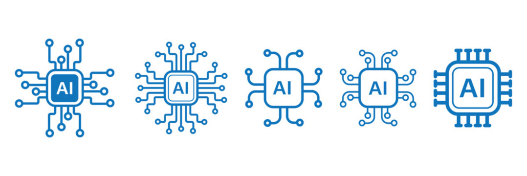 Artificial intelligence AI processor chip black line icon set. AI Processor circuit symbol logo. Mini AI CPU icon collection. powered AI chip silhouette icon vector set. AI chip icon