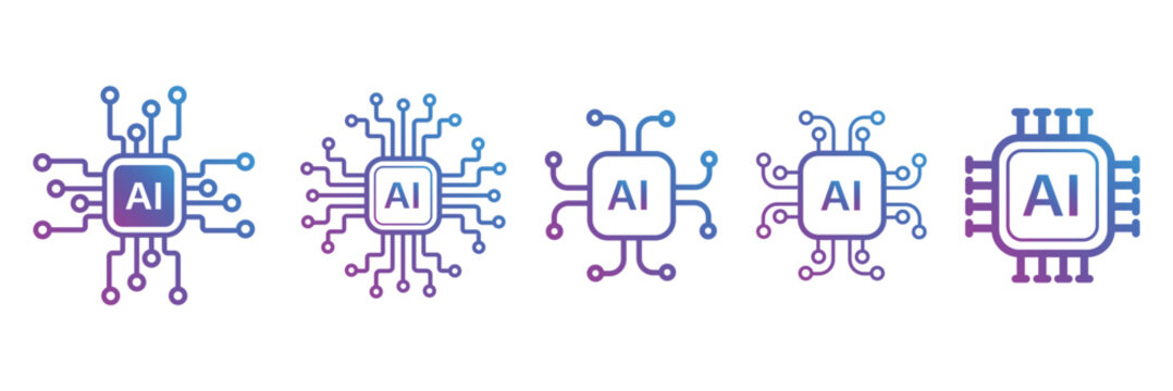 Artificial intelligence icon, sign, logo in the circuit line style. AI processor vector icon flat design. Motherboard digital chip AI. Machine learning design. Artificial intelligence chip icon set.