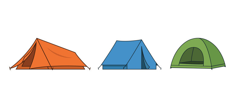 Collection of three camping tents in orange blue and green colors.