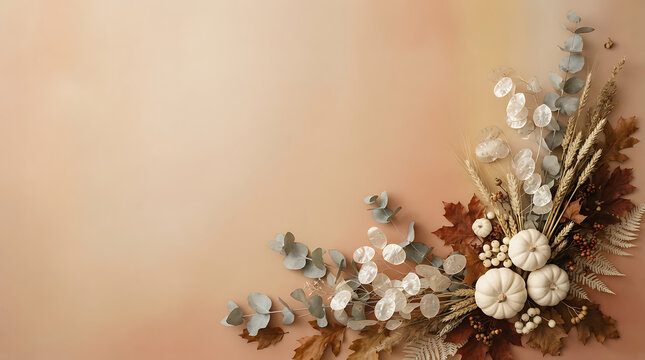 Elegant autumn thanksgiving background featuring white pumpkins and dried foliage on a soft neutral beige surface