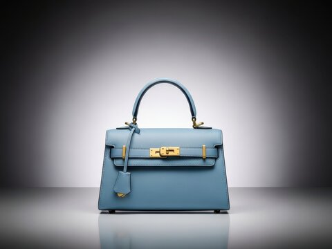 Elegant light blue leather handbag isolated on white background