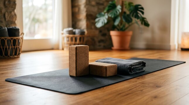 Peaceful home yoga setup with mat cork blocks and a folded towel