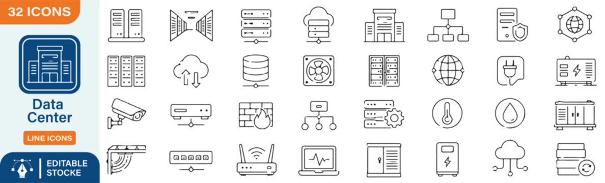 32 Data Center Vector Line Icons Set &ndash; Server Infrastructure, Cloud Computing, Network, Database and IT Systems Symbols Collection