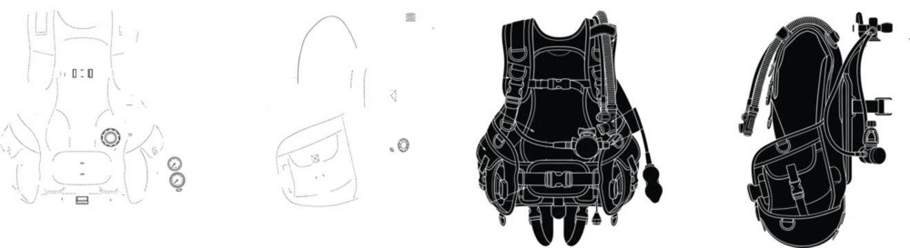 Scuba diving buoyancy compensator device BCD silhouette and line art technical illustration