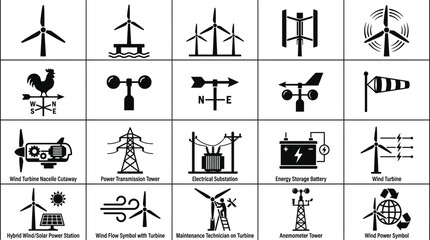 Obraz premium Wind turbine and renewable energy icons collection with weather instruments and power transmission symbols in a clean vector graphic style