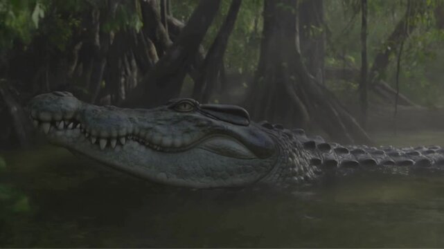 
A large crocodile, with part of its body submerged in murky water, is captured from a perspective level with its eyes. Its head and a portion of its scaly back are clearly visible,