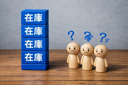 在庫過多の状況に頭を抱え困惑する複数人のビジネスの悩みと課題