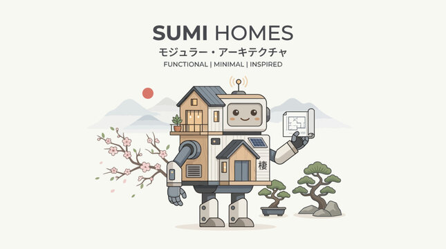 Cute robot house character with Japanese architectural design elements.