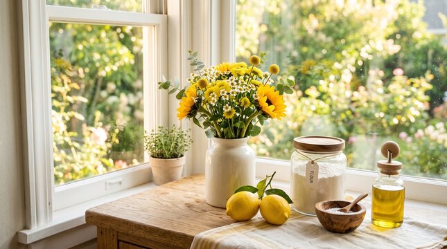 Bright potted plants and lemons on a kitchen counter near window