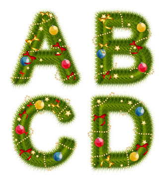 Festive Christmas letters abcd made of evergreen branches and colorful ornaments