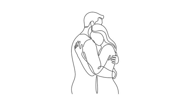 Minimalist continuous line art drawing of a romantic couple embracing with gentle affection