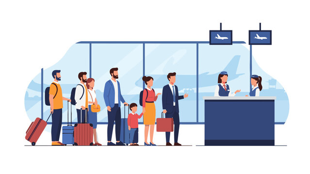 Airport check in counter with multiple tourists queuing with suitcases to board their flight on a summer vacation.