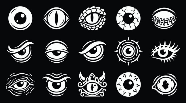 A detailed halloween vector bundle featuring a collection of spooky monster eyes and creepy eyeballs isolated on a solid black background