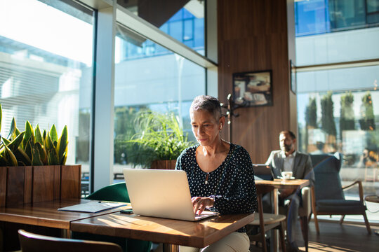 Mature woman working on laptop in modern coffee shop