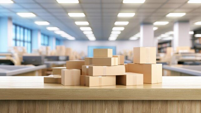 Cardboard packages waiting at a wooden counter pickup window