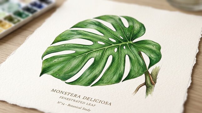 Green monstera leaf with white veins on a flat surface