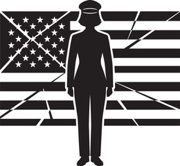 Fototapeta premium Silhouette of a female soldier standing in front of a cracked american flag veterans day