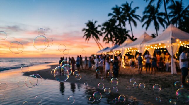 Colorful pixel art beach scene with people and palm trees at sunset