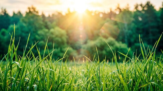 Sunset over green field with tall grass and city skyline