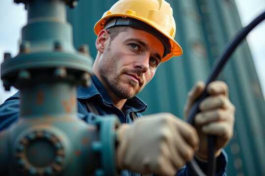 Professional male industrial worker wearing safety helmet and gloves inspecting equipment and handling cable at a construction site outdoors