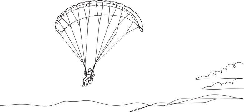 Continuous one line drawing brave person is paragliding, suspended high beneath fully inflated chute, thrill and airborne freedom of extreme sport.one line drawing