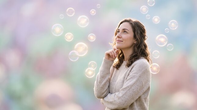 young woman blowing soap bubbles