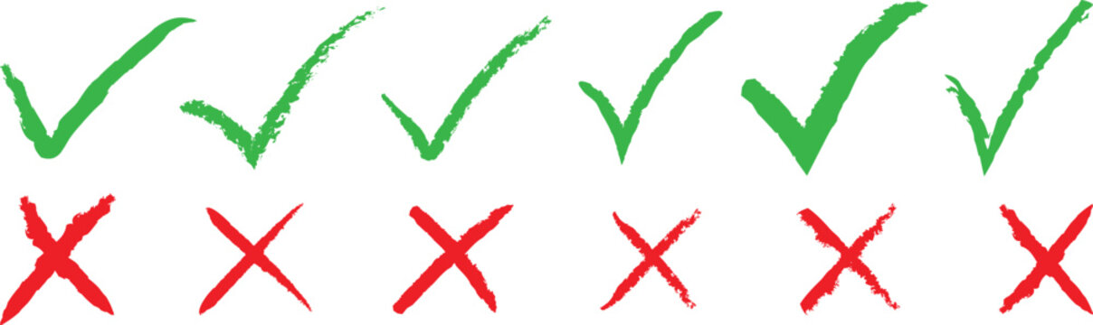 A collection of hand drawn green check marks and red cross marks isolated on a white background for business checklists and survey forms