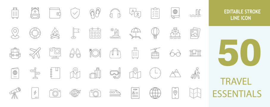 Set of 50 travel essentials line icons, vector illustration of vacation and tourism symbols, editable stroke