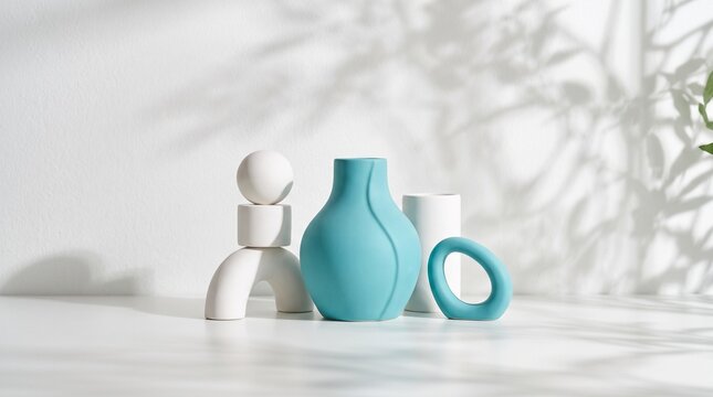 Turquoise ceramic vase and modern geometric decor on shelf