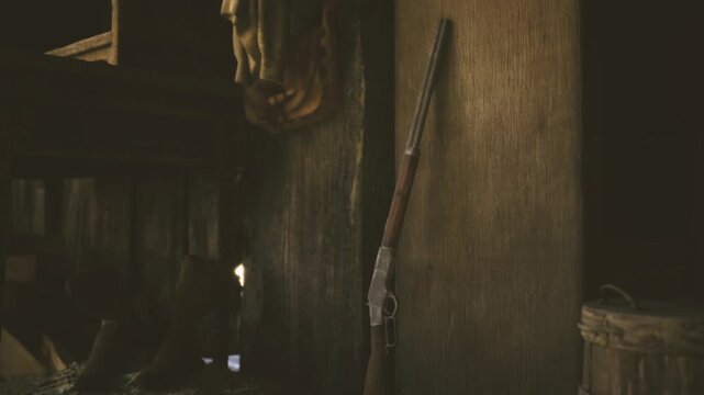 Dim hunter bunkroom with rifle old rifle leaning against weathered wall beside bunk, boot prints in dust, rope and oil can on floor, quiet tension
