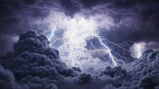 Violent lightning strikes illuminating dark storm clouds during intense atmospheric weather event with video cinematic powerful lightning bolts flashing through dense