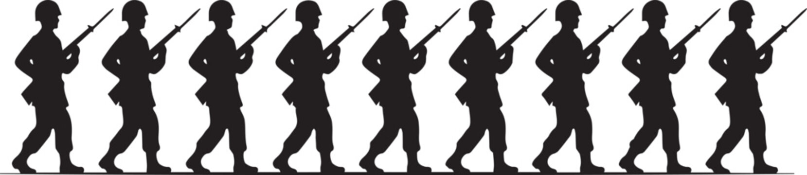 Silhouette of a row of soldiers marching in formation veterans day