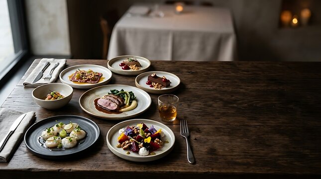 Fine dining gourmet dishes served on a dark rustic wooden table