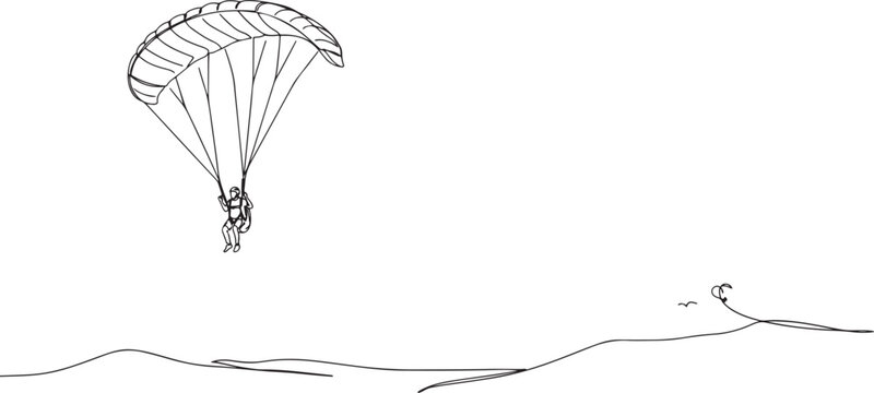 Continuous one line drawing brave person is paragliding, suspended high beneath fully inflated chute, thrill and airborne freedom of extreme sport.one line drawing