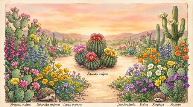 Colorful cactus plants collection with flowers in desert