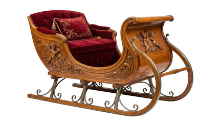 Fototapeta premium Antique wooden sleigh with red velvet upholstery isolated on transparent background