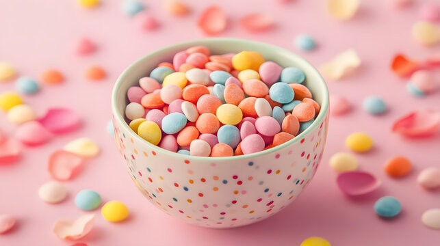 Colorful pastel candy buttons in a ceramic bowl on pink background