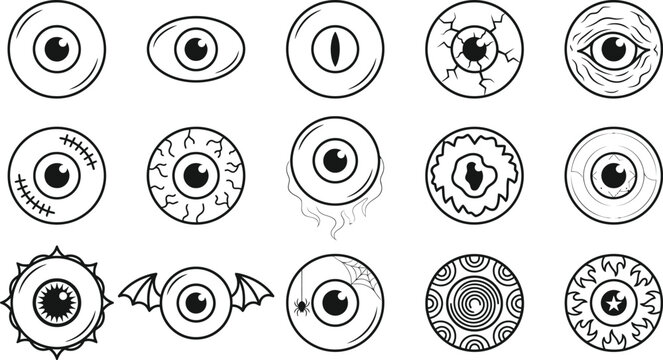 A detailed halloween vector bundle featuring a collection of various hand drawn spooky monster eyes for creative holiday design project assets