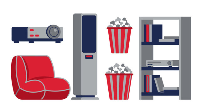 Home cinema set with projector chair popcorn and storage shelf.