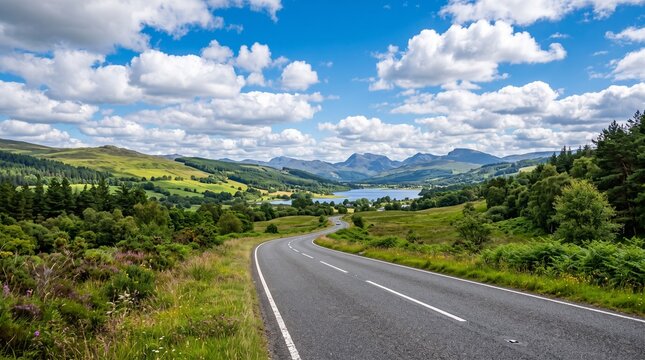 Empty two lane road through green countryside with clouds