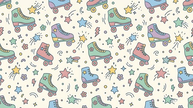 Vintage roller skates and stars seamless pattern in pastel colors