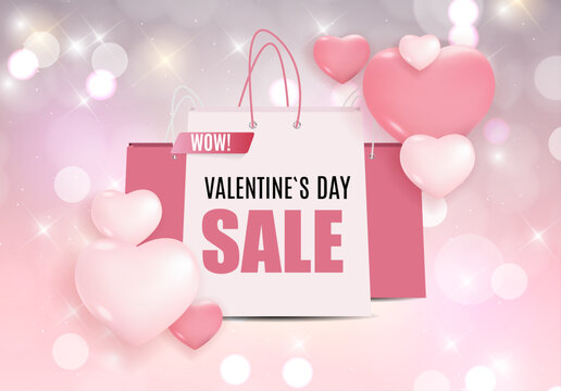 Valentines Day sale promotion with hearts and shopping bag on sparkling pink background
