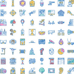 Naklejka premium Hand drawn collection of diverse symbols and objects, illustrating various themes like health, technology, food, activity, and communication, all rendered in a vibrant, sketchy style