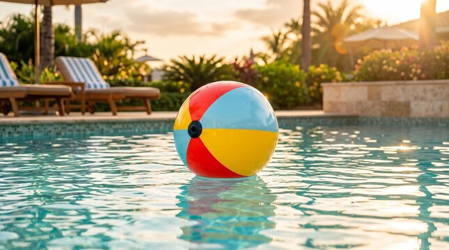 Colorful beach ball floating in swimming pool at resort