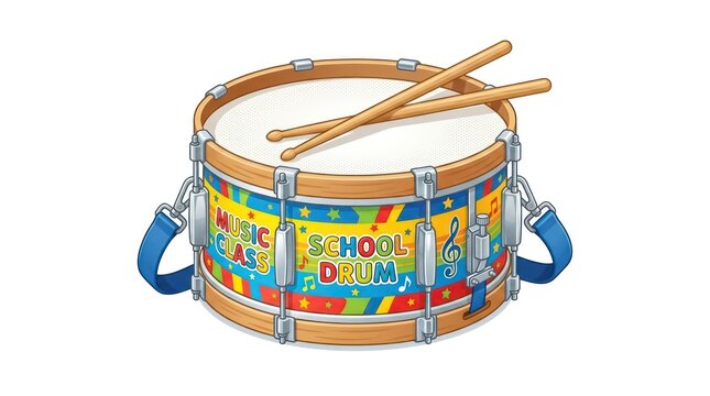 Colorful school drum with sticks. Kids musical instrument for music class education.