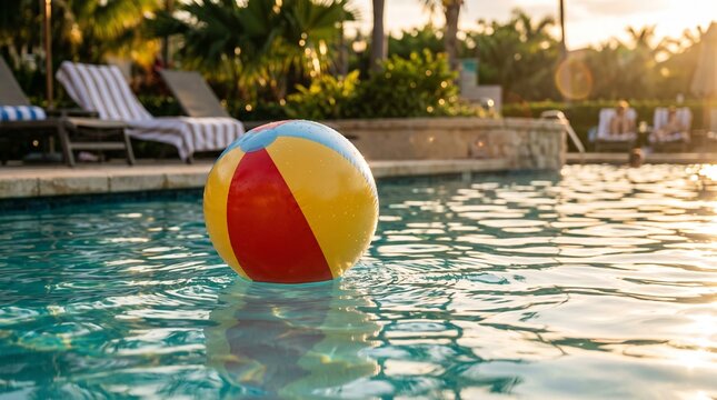Colorful beach ball floating on water in sunny resort pool
