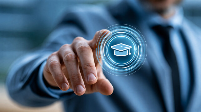 Faceless business professional touching an AI education interface with a graduation cap icon, digital training technology, with copy space